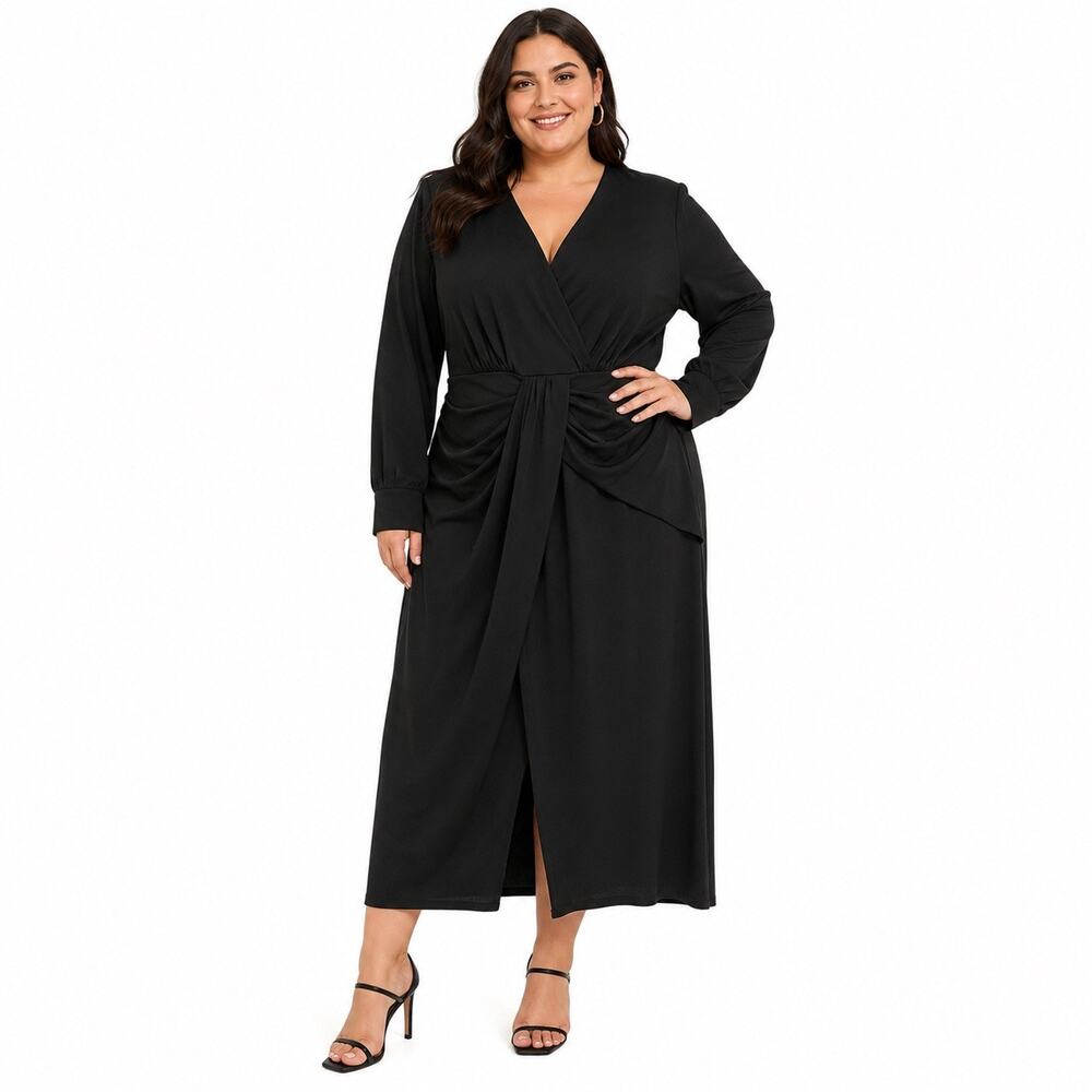 NEW Eloquii Knot Front Pleated Skirt Dress Black vneck short sleeve plus size 14